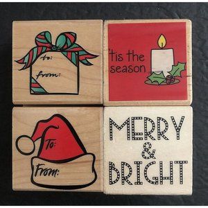 Rubber Stamps Lot Christmas Gift Tags To From Merry And Bright Holiday Sentiment